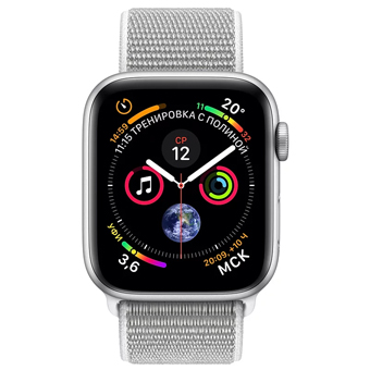 Apple Watch Series 4, 44 мм, корпус из алюминия серебристого цвета, спортивный браслет цвета «белая ракушка»