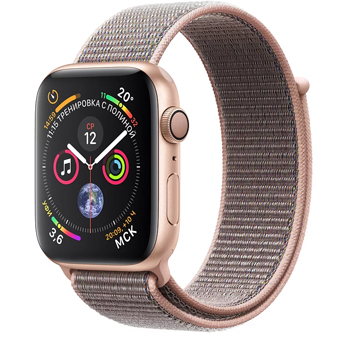 Apple Watch Series 4, 44 мм, корпус из алюминия золотого цвета, спортивный браслет цвета «розовый песок»
