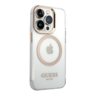 Чехол Guess для iPhone 15 Pro с MagSafe PC/TPU Metal outline Hard (GUHMP15LHTRMD) Transparent/Gold Прозрачный