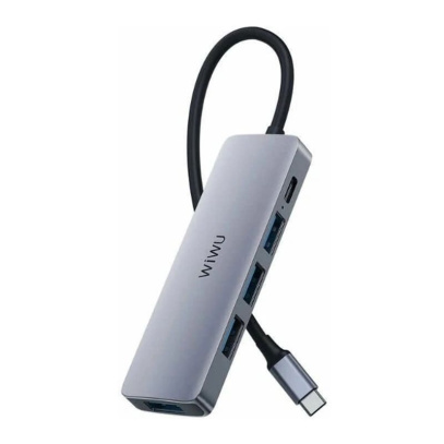 USB Хаб WiWU Alpha 541BC 5в1 Type C to 3xUSB 2.0 + USB 3.0 + Type C PD 60 Вт (A541BC) Серый