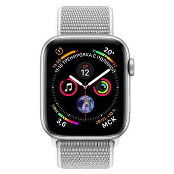 Apple Watch Series 4, 40 мм, корпус из алюминия серебристого цвета, спортивный браслет цвета «белая ракушка»