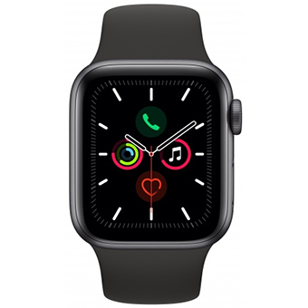 Apple Watch Series 5, 44 мм, корпус из алюминия цвета «серый космос», спортивный ремешок черного цвета