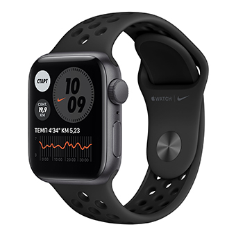 Apple Watch Nike Series 6, 40 мм, корпус из алюминия цвета «серый космос», спортивный ремешок Nike цвета «антрацитовый/чёрный»