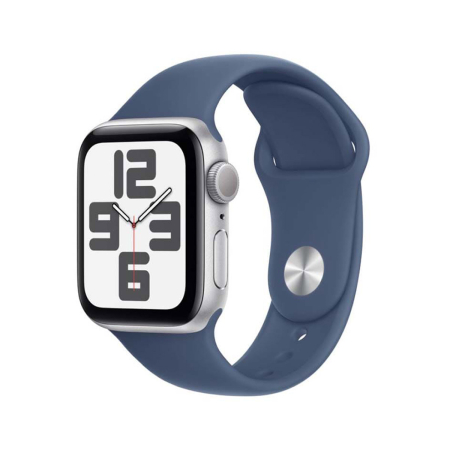 Apple Watch SE (2024), 40 мм корпус из алюминия цвета «Silver», ремешок Sport Band размера S/M цвета «Denim»