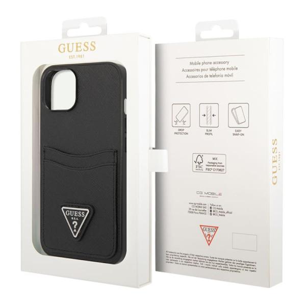 Чехол Guess для iPhone 14 Plus PU Saffiano Double cardslot Metal triangle logo Hard (GUHCP14MPSATPK) Чёрный