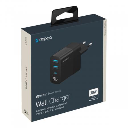 СЗУ Deppa 2хUSB A + USB-C, PD, QC 3.0, 30W, дисплей (11395) Черный