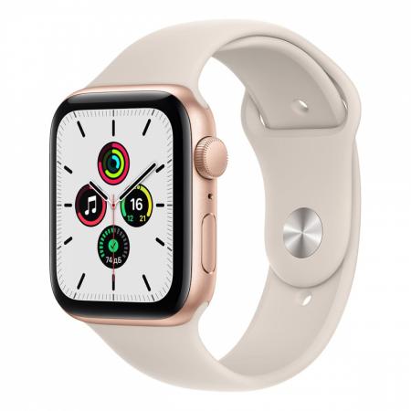 Apple Watch SE (2020), 44 мм корпус из алюминия золотого цвета, спортивный ремешок цвета «Starlight»