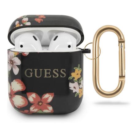 Чехол Guess с карабином для AirPods 1/2 CG Mobile TPU case with ring Marble design (GUACA2TPUBKFL04) С рисунком цветов, черный