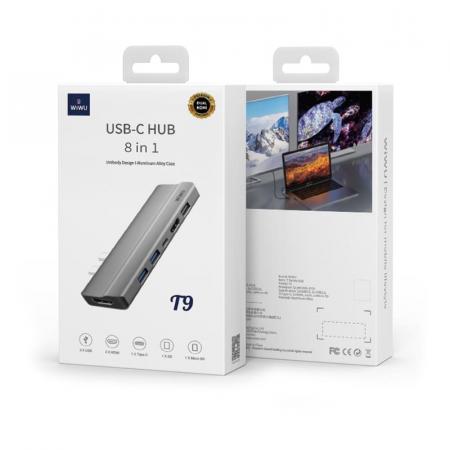 Хаб WiWU HDMI*2+USB3.0*2+USB2.0*1SD+TF+PD (T9) Серый