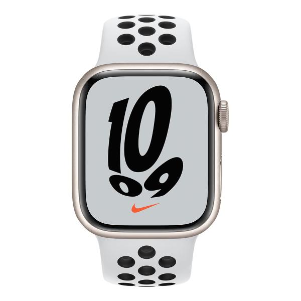 Apple Watch Nike Series 7, 41 мм корпус из алюминия цвета «сияющая звезда», спортивный ремешок Nike цвета «чистая платина/чёрный»